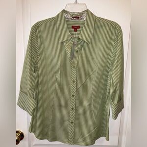 Talbot’s—Button-Down Collared Shirt, 14, Olive/White Stripes, 3/4 Length Sleeves